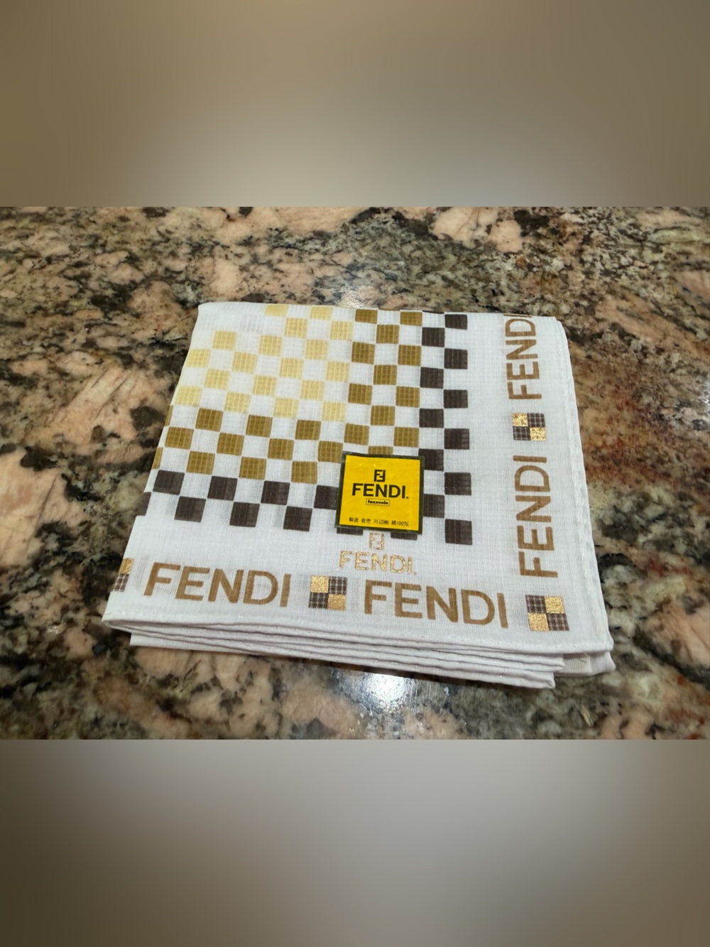 Fendi White Gold Logo Checker Handkerchief/Pocket Square